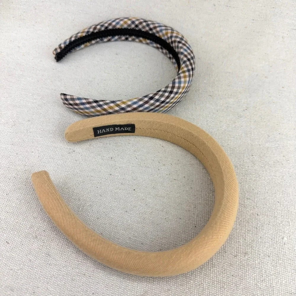 Set of 2 Padded Headbands Tan Twill & Plaid Multi Color Preppy Hair Accessories